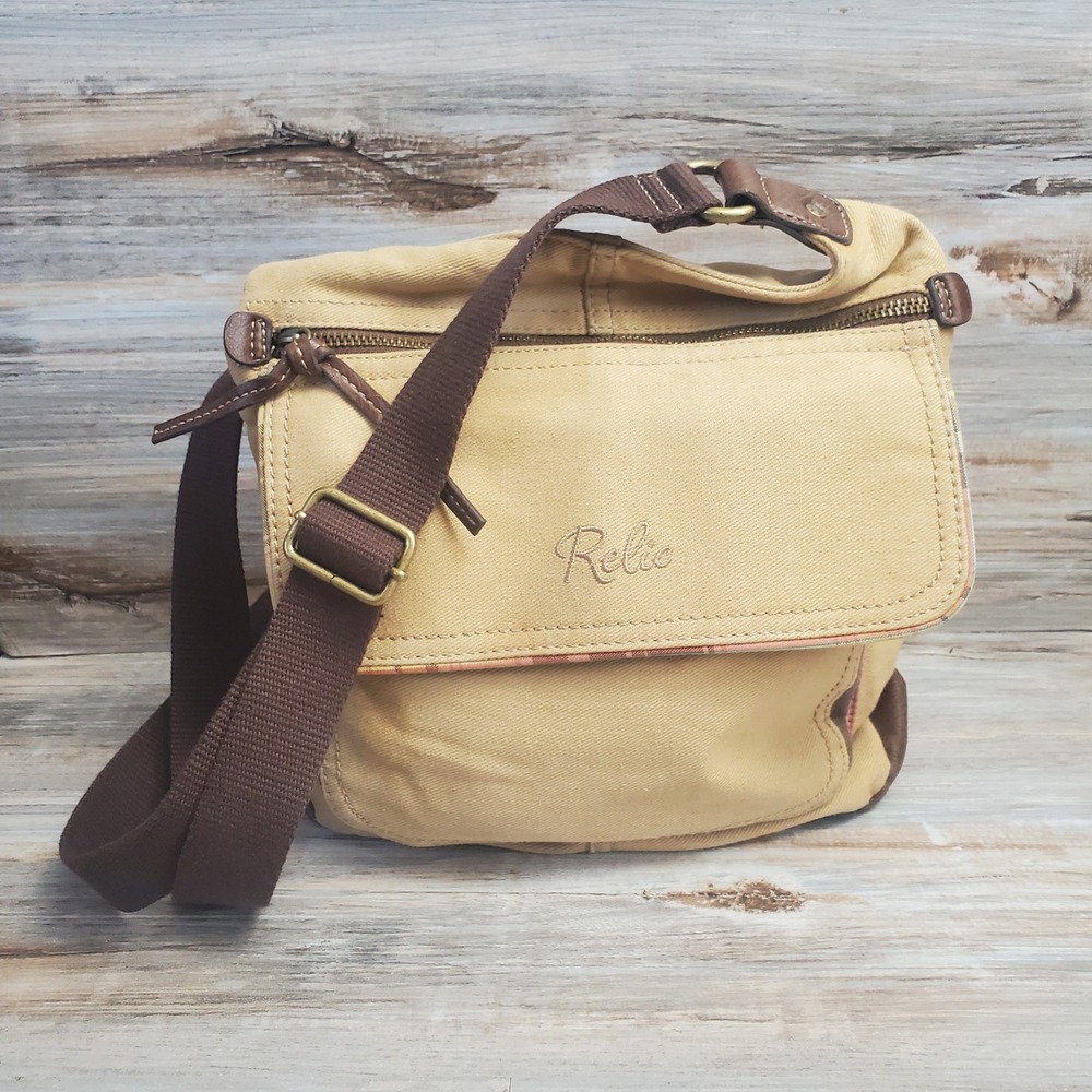 Relic Tan Canvas Crossbody Bag Brown Faux Leather Trim Plaid Messenger Purse
